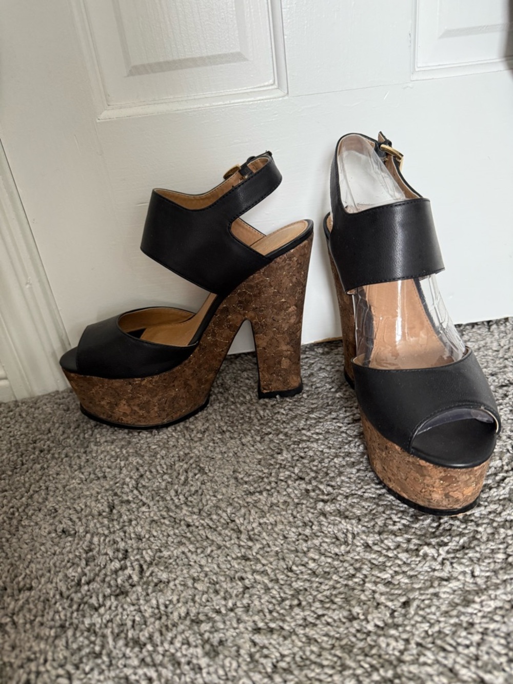 Aldo Black Leather Cork Platform Sandals